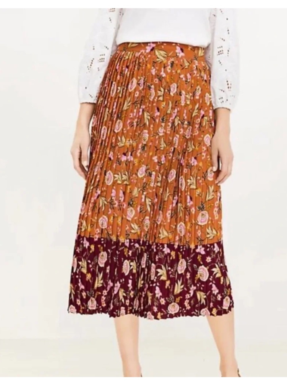 Loft Floral Pleated Midi Skirt in Rust and Burgundy size 8